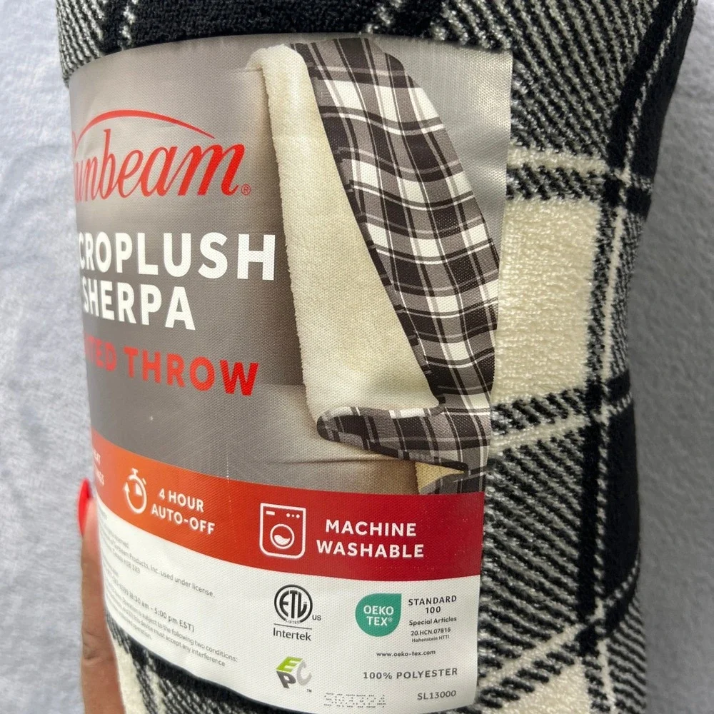 Sunbeam Microplush Sherpa Heated Throw Blanket 50x60 Black Plaid 4 Heat Auto Off